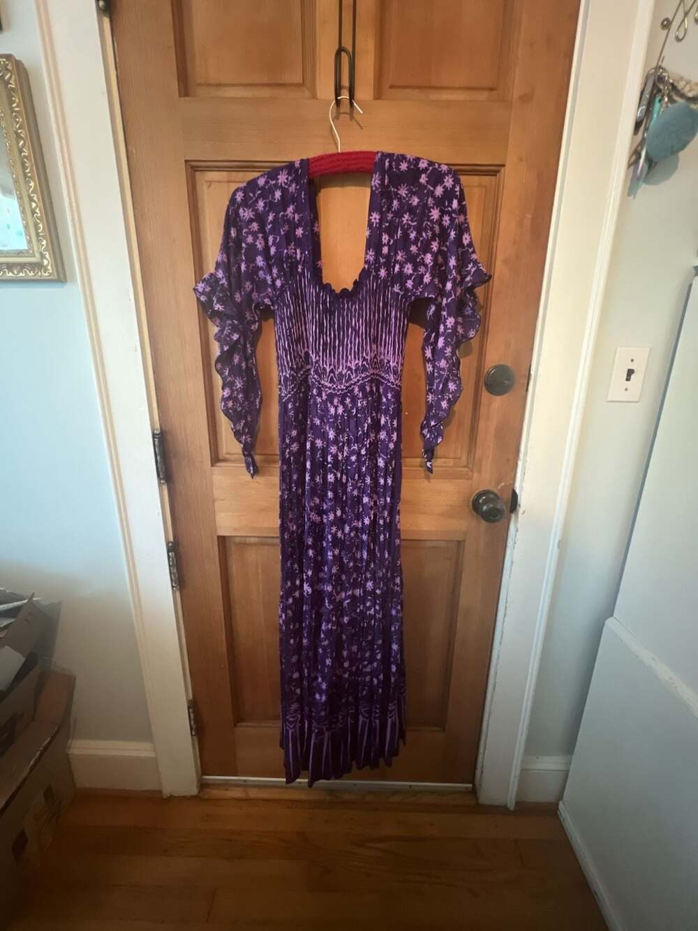 Lotus Traders Batik Smocked Cottagecore Ruffle Bell Sleeves Maxi Dress